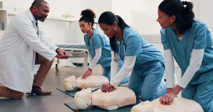 Practice, cpr and doctor with dummy in class for learning first aid, rescue or medical support. Healthcare, help and nurse team with compression technique for cardiac arrest, emergency care or safety