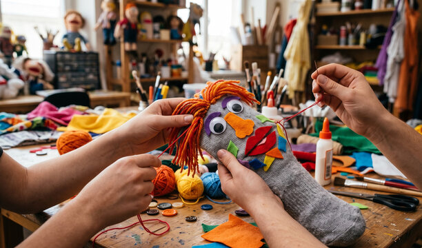 Hands rapidly sewing or gluing felt pieces onto a sock to create a hand puppet. Medium shot showing the character coming to life with "googly eyes" and yarn hai