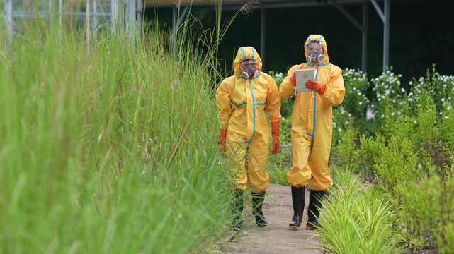 Hazmat suit respirator contamination inspection biohazard safety tablet field pollution building, scientist team survey site, guide workers on path, record monitoring data near abandoned structure