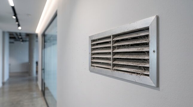 dirty indoor air conditioning vent on a wall covered in dust and cobwebs with dust particles blowing out into an office hallway.