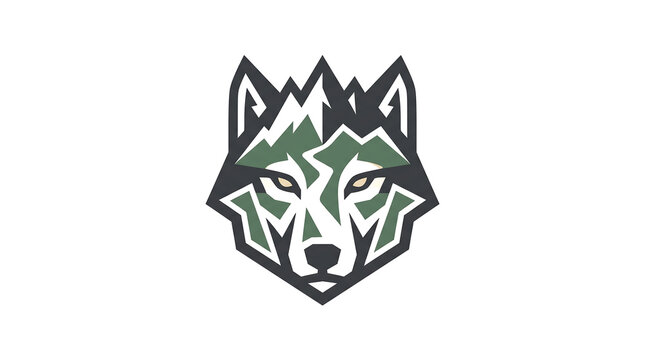 Stylized wolf head logo with mountain silhouette design.