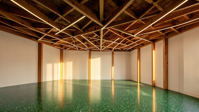 Massive Timber Ceiling Grid Pavilion Suspended Linear Led