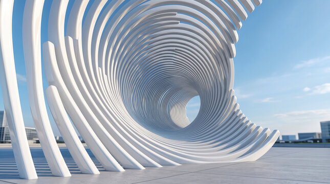 abstract 3d tunneAbstract 3D render of white curved parametric lines forming a wavy architectural structure against a blue sky. Minimalist modern designl