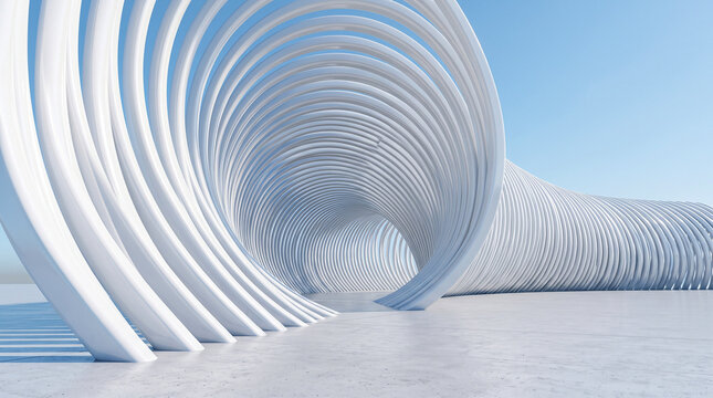 blue abstract backgroundAbstract 3D render of white curved parametric lines forming a wavy architectural structure against a blue sky. Minimalist modern design