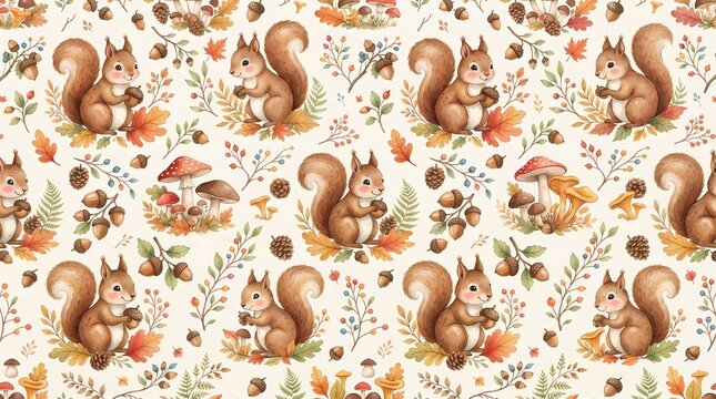 Cute squirrel autumn pattern with acorns and fall leaves for seasonal fabric design