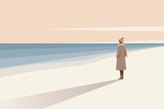 Lonely woman in winter coat standing on empty beach looking at ocean. Vector illustration for solitude, depression, and mental health.