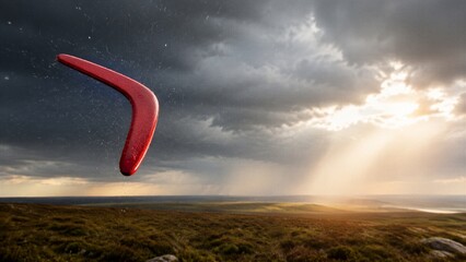 Obraz premium Red boomerang floating in dramatic clouds sky over moorland landscape sunset