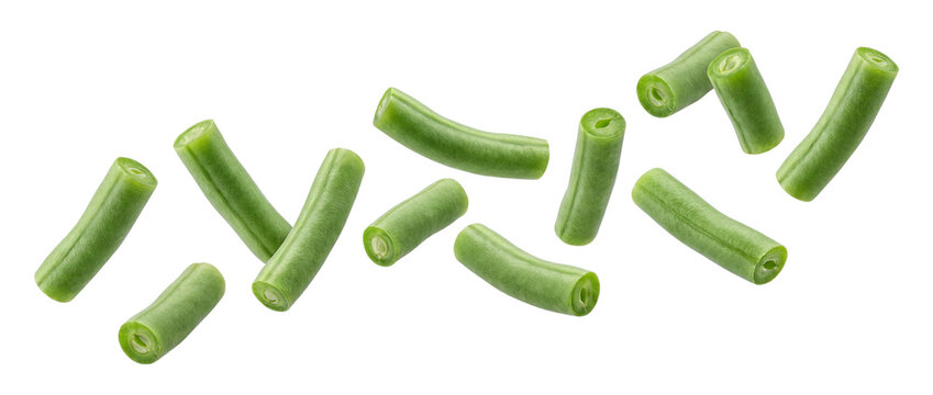 Falling green beans isolated on transparent background