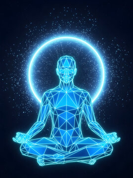 Glowing digital human silhouette in lotus pose meditating with bright light