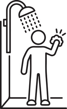 Black and white outline vector icon of a person taking a shower and washing with a sponge person showering bath icon vector illustration line art bathroom sign washing body cleaning sponge