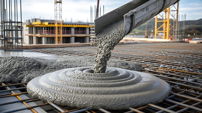 Concrete pouring onto reinforced construction foundation at building site