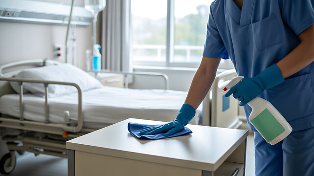 Healthcare worker disinfecting hospital room with cleaning supplies