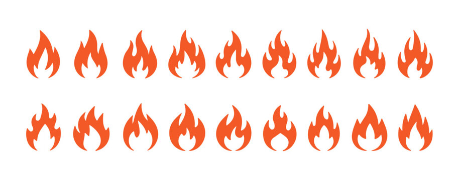 Orange flat vector flame icons for clean fire animation frames and modern graphic design elements.