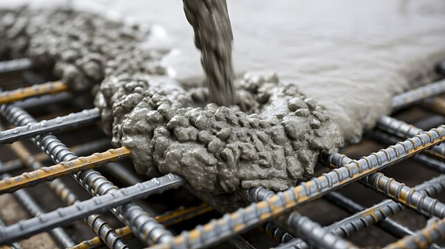 Concrete pouring over steel reinforcement bars at construction site
