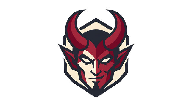 Red Devil Mascot Logo with Horns and Shield Design.