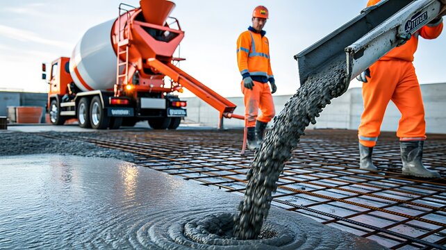 Construction workers pouring concrete on road surface during building work