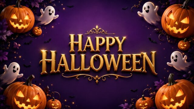 Happy Halloween greeting with pumpkins and ghosts