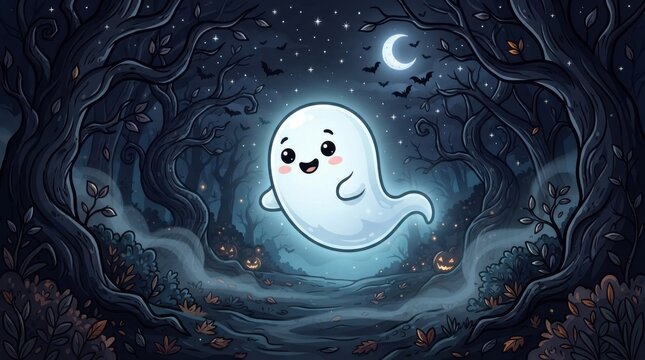 Cute little ghost floating in a dark night sky with a crescent moon