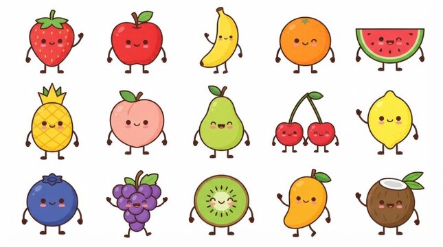 Cute cartoon fruit characters set with happy faces on white background