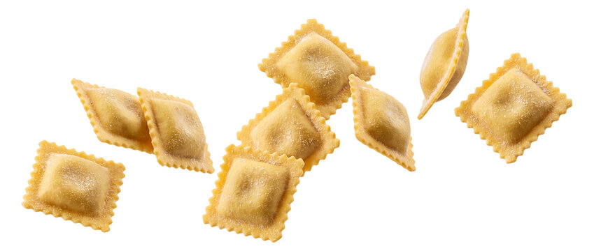 Falling ravioli pasta isolated on transparent background