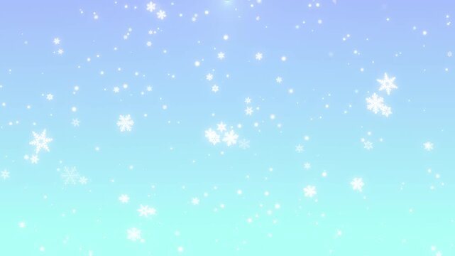 爽やかな水色と青のパステルグラデーションに輝く雪の結晶と光粒子が降り注ぐ冬のシームレスループ動画素材