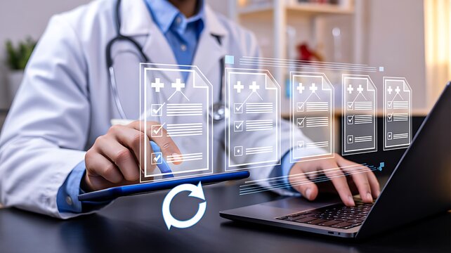  Doctor using digital healthcare interface with medical technology and patient data concept