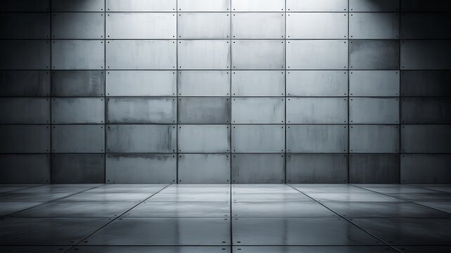 Empty metallic industrial room with tiled walls and reflective floor
