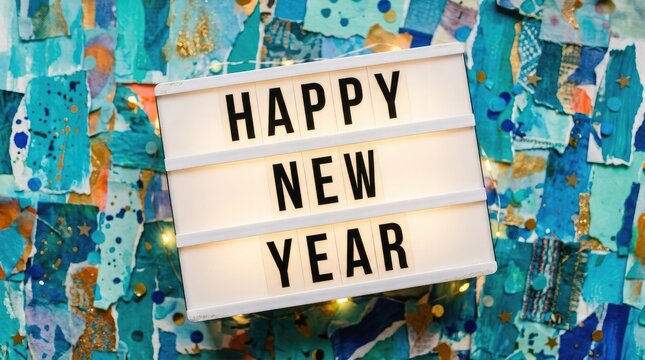 Bright happy new year light box with colorful blurred festive background