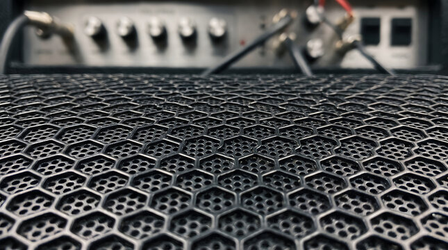Macro photography of a black metallic speaker mesh grill texture with geometric honeycomb pattern