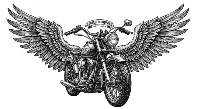 Motorcycle with wings a detailed vintage style engraving
