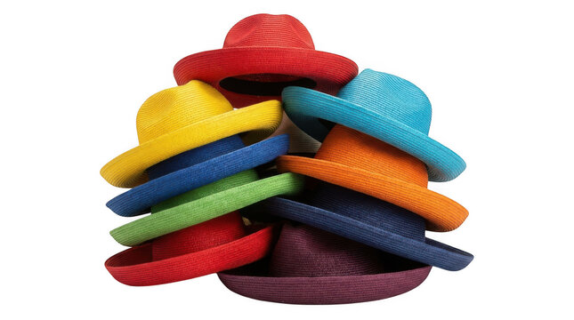 Stack of colorful straw hats isolated on transparent background