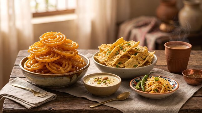 Traditional Gujarati Fafda Jalebi Dussehra Festival Snack with Papaya Sambharo and Masala Chai
