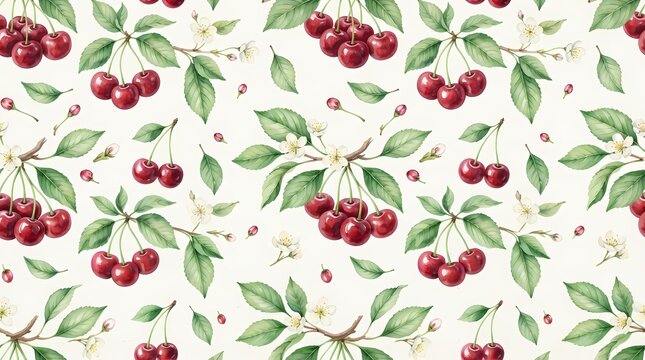 Watercolor cherry seamless pattern with green leaves and white blossoms on white background