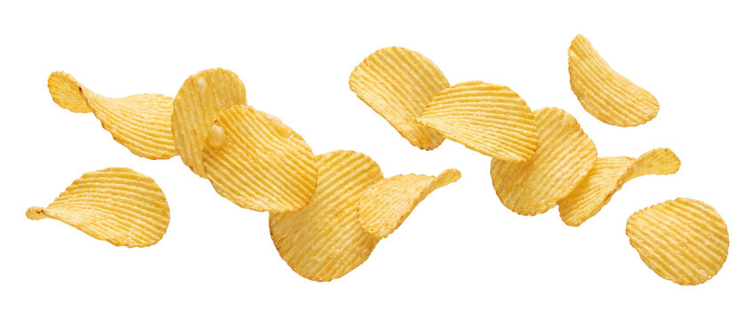 Falling potato chips isolated on transparent background