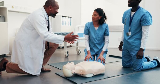 Practice, cpr and doctor with mannequin for students for first aid, rescue and medical support. Healthcare, teaching and people with compression technique for cardiac arrest, emergency care or safety