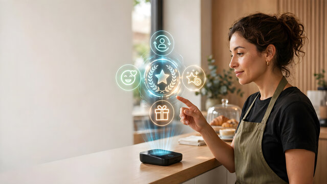 Person interacting with digital loyalty interface hologram in cafe setting