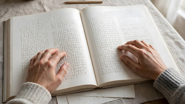 Hands comparing braille pages in open accessible book