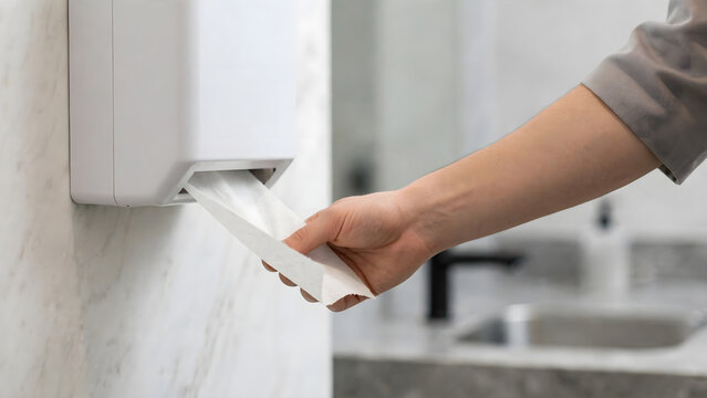 Hand pulling disposable paper towel from wall dispenser in bathroom
