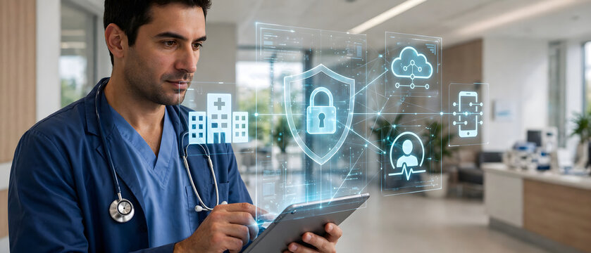 Medical worker using digital holographic security interface in healthcare facility