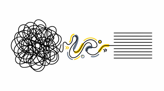 minimalist vector graphic illustrating problem solving, strategy, and organization. A complex black tangled knot transforms through a wavy path into a set of clean, parallel straight lines on a white 