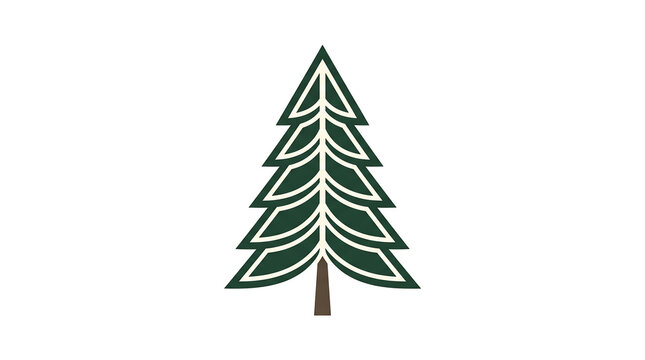 Minimalist evergreen tree illustration with dark green branches and brown trunk.
