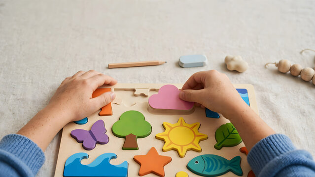 Child hands solving colorful puzzle activity for learning and education