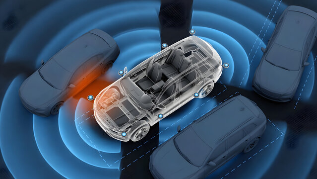 Modern vehicle with proximity sensor visualization for driving assistance technology