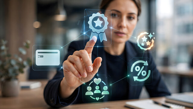 Professional using holographic loyalty and customer engagement interface