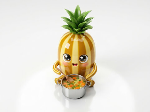 Cartoon pineapple character with cute large eyes holding wooden spoon and cooking delicious vegetable soup in metal kitchen pot.