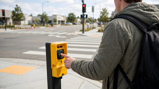 Person pressing pedestrian crossing button at urban intersection