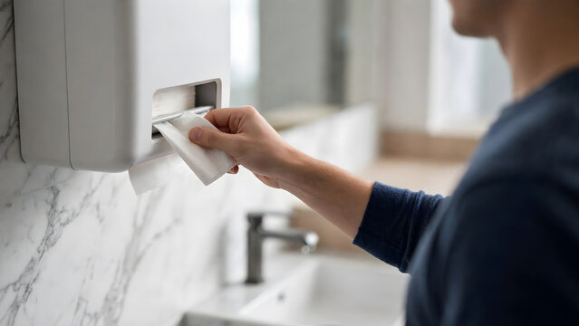 Person using wall mounted paper towel dispenser in modern restroom environment