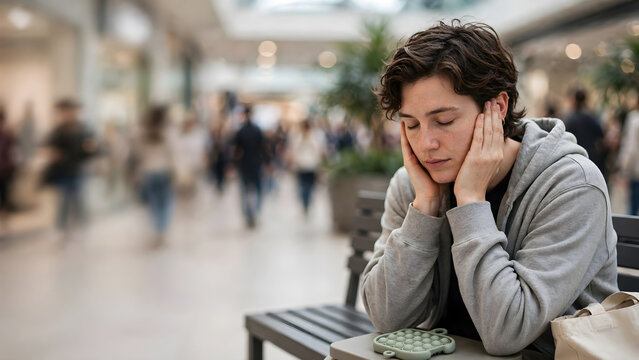 Person experiencing sensory discomfort in busy public environment with noise reduction gesture