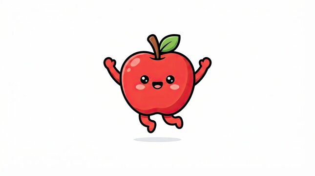 Cute cartoon red apple character jumping happily