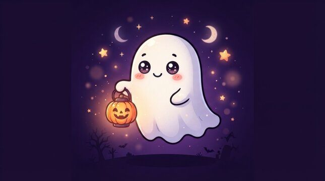 Cute little ghost holding a glowing pumpkin lantern at night